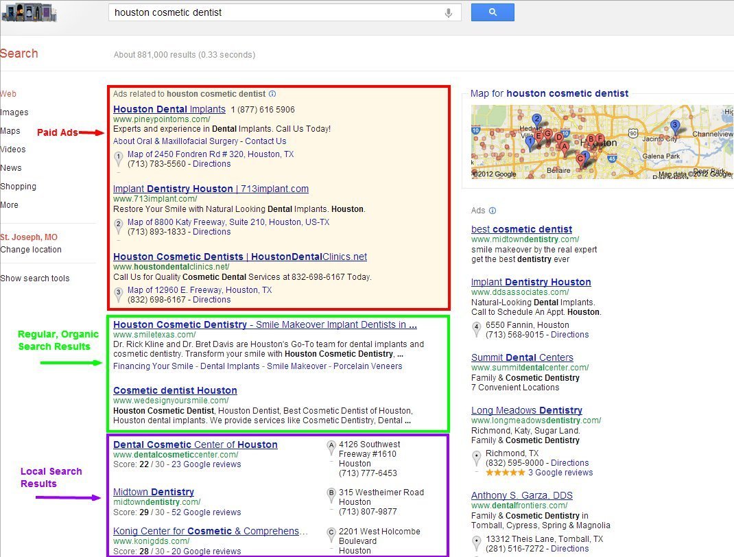 Local, organic and paid search results example