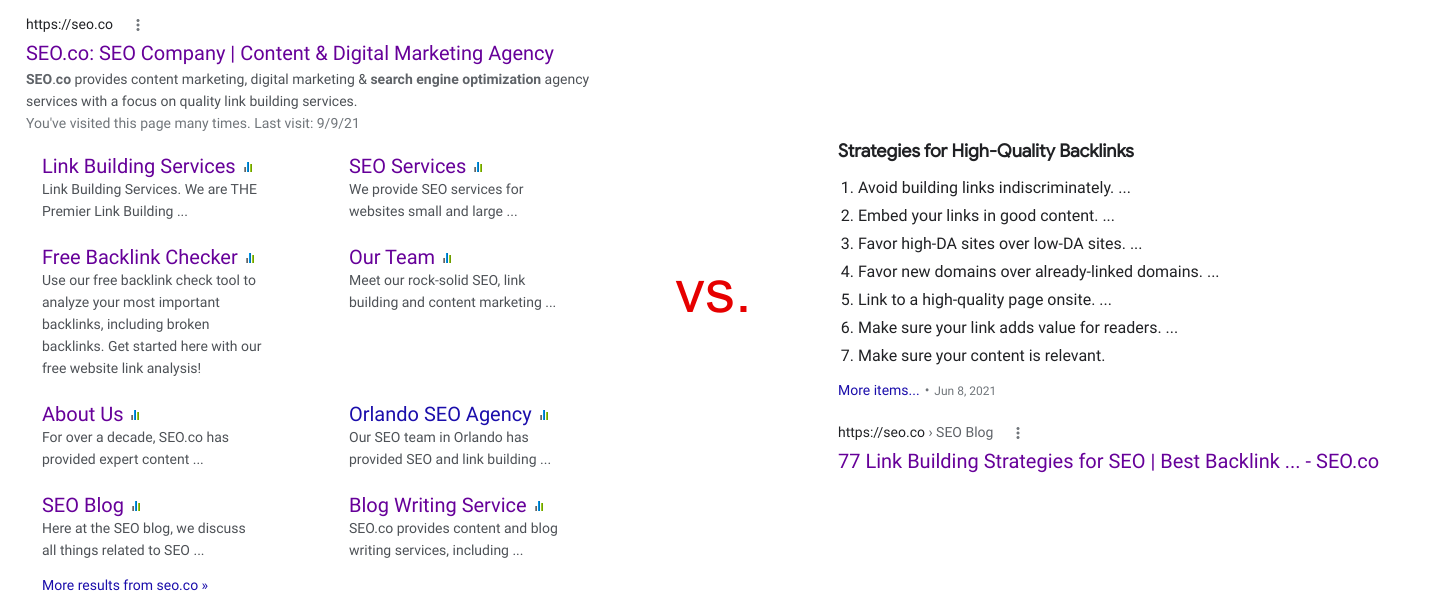 Homepage sitelinks vs featured snippets