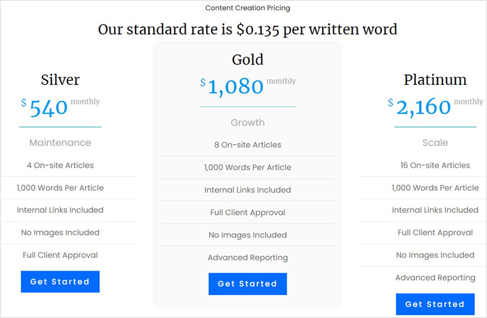 pricing table